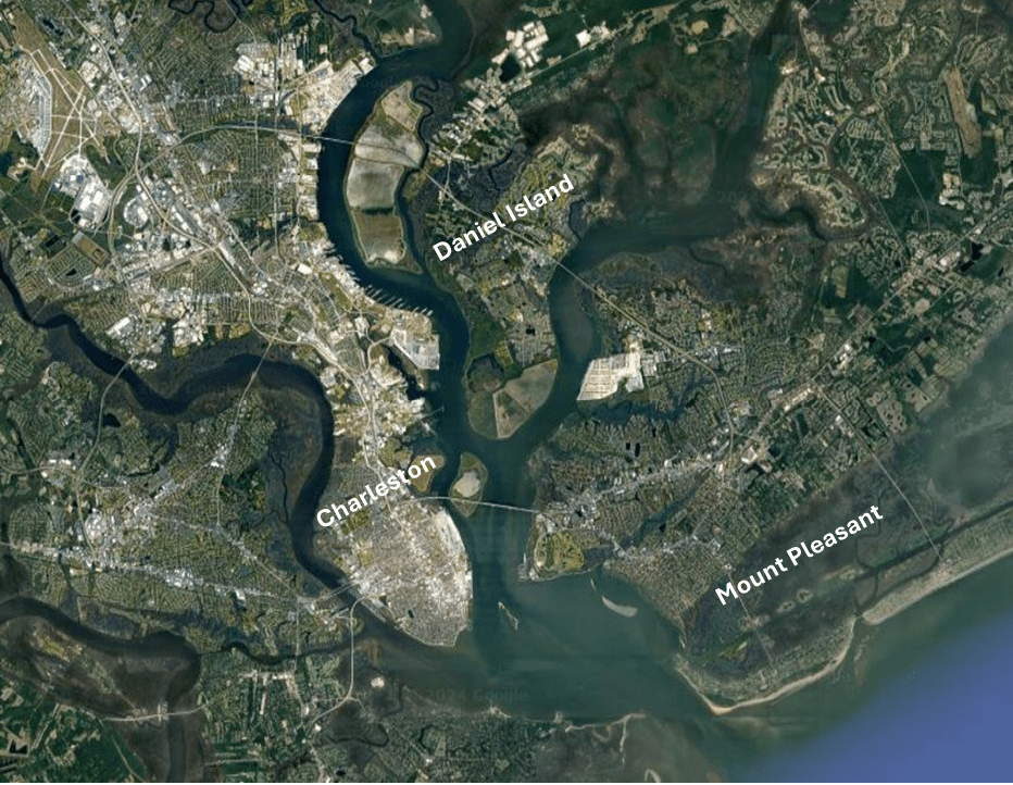 Karta från Google Maps som visar den geografiska platsen av Charleston, Daniel Island och Mount Pleasant.