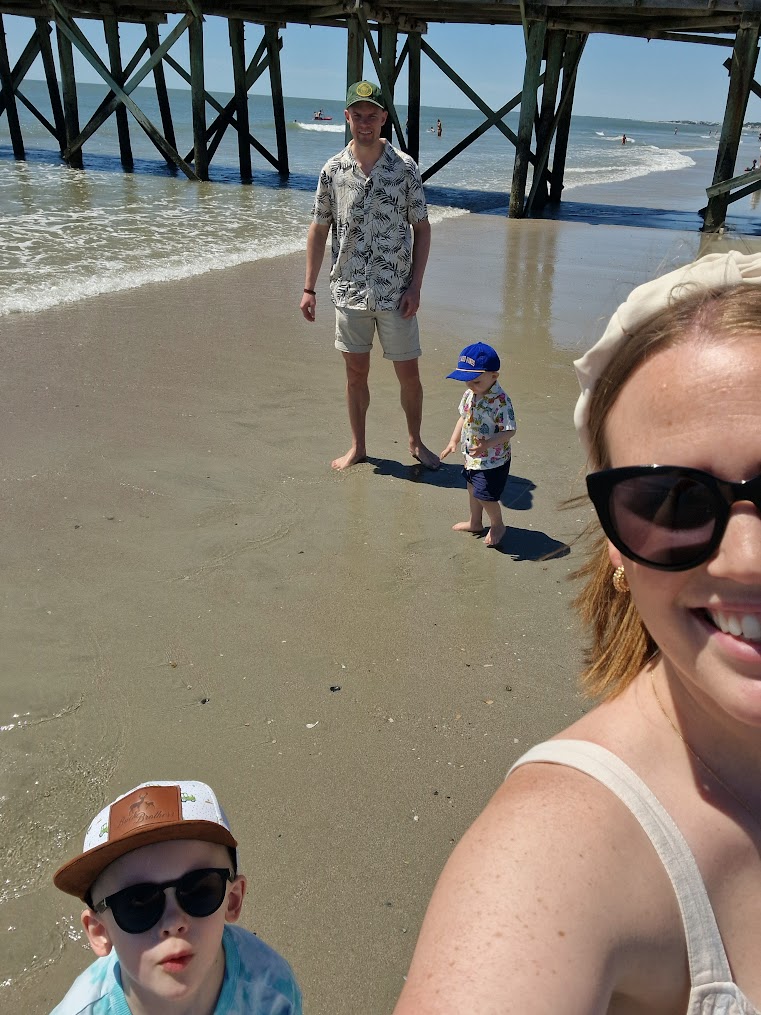 The family is exploring the beach strip on Isle of Palms, South Carolina.